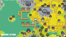 A screenshot of Dungeon Sweeper, showing a hexagonal countryside map with villages, paths and lakes surrounding graveyards.