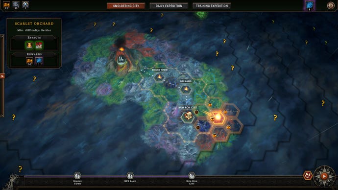 The overworld grid of Liam's towns in Against The Storm.