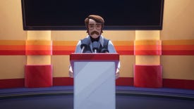 Trevor, the main character in American Arcadia, stands at a dais and faces the camera