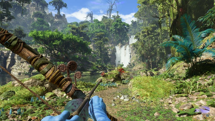 A striking jungle waterfall in Avatar: Frontiers of Pandora.