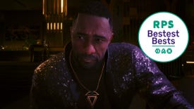 Idris Elba looking sad in shiny clothes in Cyberpunk 2077: Phantom Liberty.