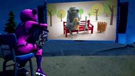 A Fortnite character munches popcorn while watching a short film from the Short Nite in-game film festival.
