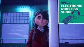 Sally looks out of the window of a strange cable car in Gylt. The square green Electronic Wireless Show podcast is overlaid in the top right corner