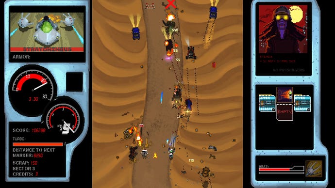 A top down view of a race in a desert in Highway Rampage