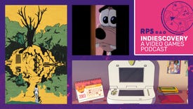 Clockwise from left: In a comic book stylised yellow-and-green image, a woman approaches a tree rising out of a lake, with a set of steps leading up to the small island where it rests; Goofy looks sadly to the camera; the Indiescovery logo styled like a video game mini map; and a cartoon image of a white handheld video game console resting on a desk surrounded by a cute cat desk calendar turned to September 2003, a notebook, a pile of game cartridges, and photographs of young teens on a nearby wall.