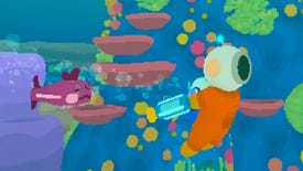 A diver swims through a coral reed followed by a loddle creature in Loddlenaut