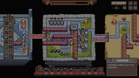 Worms move along conveyors on floating islands in space in Mob Factory.
