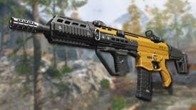 A close-up of an adapted MCW Assault Rifle, superimposed over a shot of the Estate map in Modern Warfare 3.