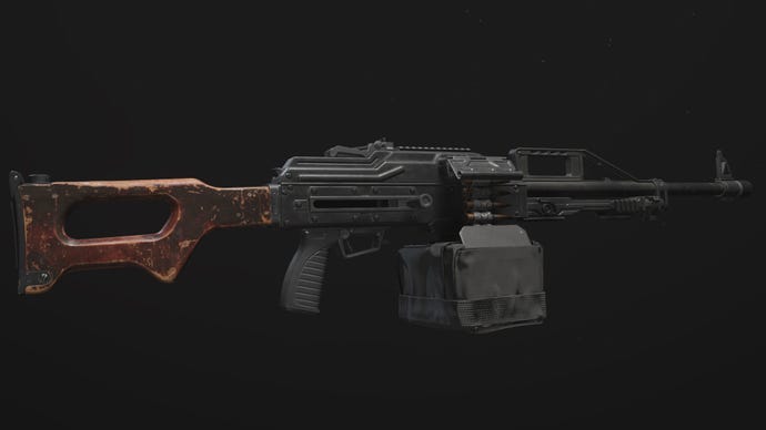 A close-up of the Pulemyot-762 LMG in Modern Warfare 3.