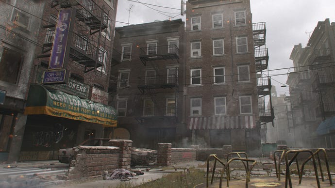An establishing shot of the Modern Warfare 3 map Skidrow.