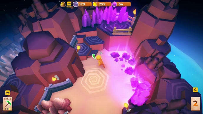 Mining bright purple crystals in a cave in My Little Universe
