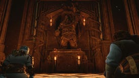 Two Dwarves look up at a statue of a Dwarf in The Lord Of The Rings: Return To Moria