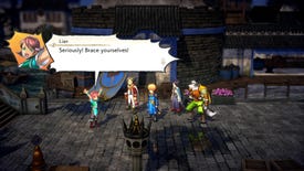 Five characters from Eiyuden Chronicle: Hundred Heroes standing in a city, with one woman exclaiming "Brace yourselves!"