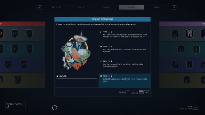 The Outpost Engineering skill in the Starfield skills screen.