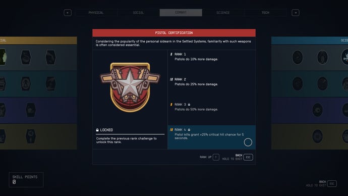 An expanded view of the Pistol Certification skill in the Starfield skills screen, showing the different skill's ranks and effects.