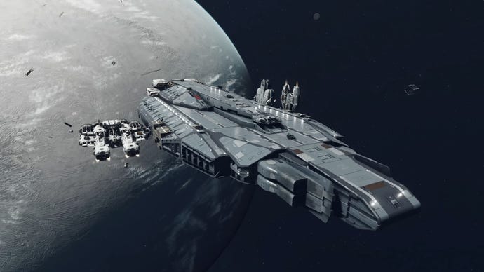 A large ship drifts in orbit around a planet in Starfield.
