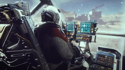 A character pilots a ship in Starfield.