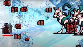 A Vampire Survivor hits a bit fox monster with the new Glass Fandango weapon in the game's Whiteout update