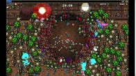 A warrior is surrounded by monsters in a library in Vampire Survivors