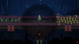 A christmas tree fends of hordes of monsters with a dark aura on a tiny bridge